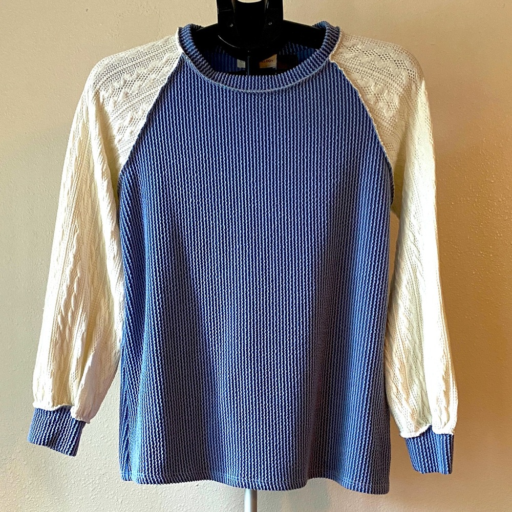 Lovely 🖤 Melody Blue and White Knit Long Sleeve Sweater Women’s Size S/M